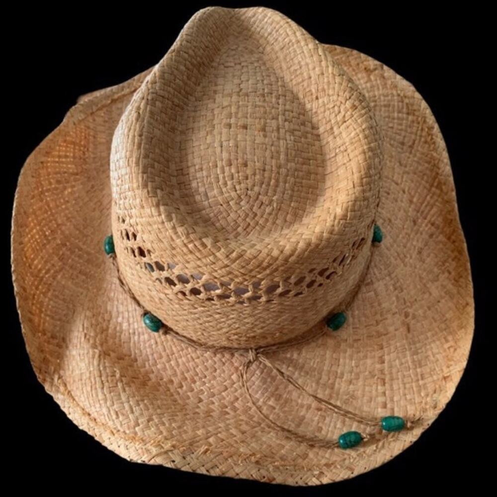 Cov-Ver World natural straw hat Unisex Size Small Medium Turquoise wooden beads